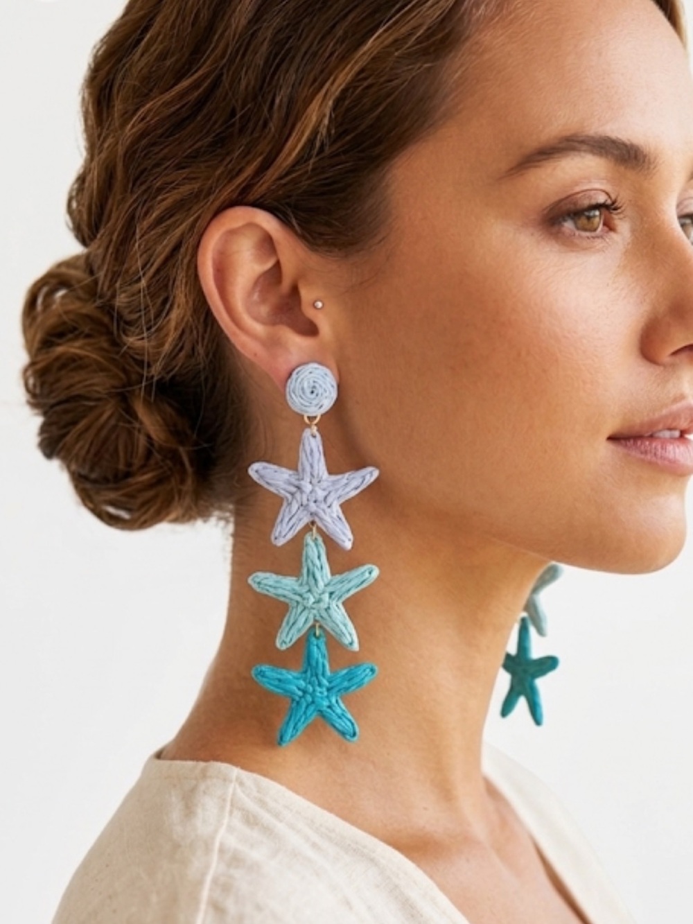 NEW Raffia Starfish Drop Earrings Blue Coastal Boho Summer Statement 3.5”